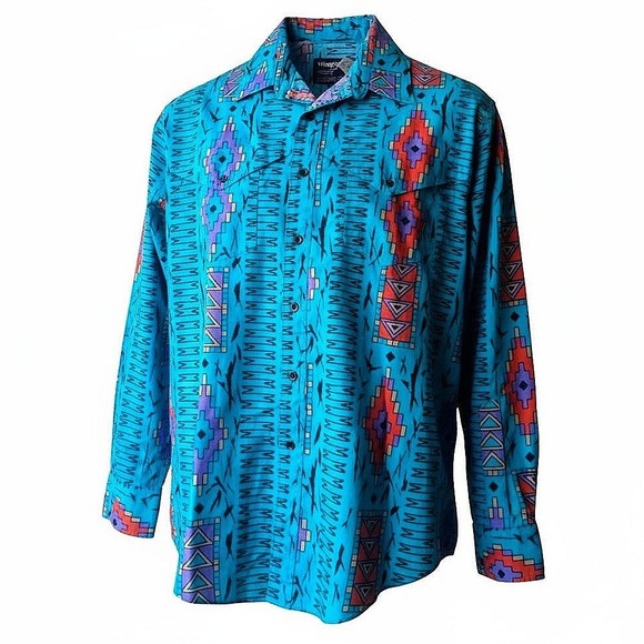 Wrangler Western Shirt Aztec Print Cowboy‎ Cut Long Sleeve Brushpopper Style - Picture 2 of 7